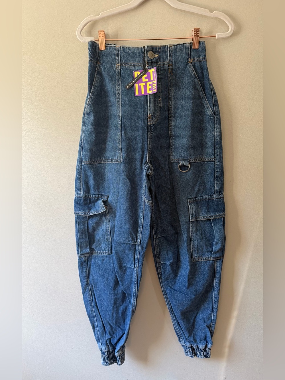 River Island Dark Blue Relaxed Cargo Denim Joggers